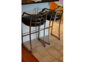 PAIR OF STEEL FRAME BAR STOOLS WITH BLACK CUSHION, 35.5 HEIGHT
