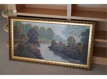 A CLASSIC PIECE OF VINTAGE ART,  OIL ON CANVAS OF A LAKE-VIEW SCENERY SIGNED BY H. FARRELL