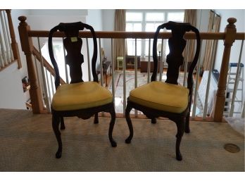 BEAUTIFUL PAIR OF ANTIQUE WOOD CHAIRS WITH YELLOW CUSHIONS