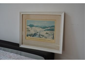 WHITE FRAMED, TITLE 'OVER THE RIVER TO GRANDMOTHER'S HOUSE' PRINT SIGNED BY MOSES