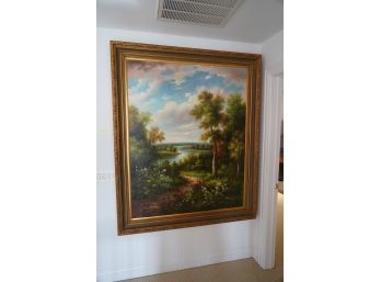 ANTIQUE REPRODUCTION, STUNNING OIL ON CANVAS PAINTING OF A LAKE SCENERY SIGNED BY GABRIELA