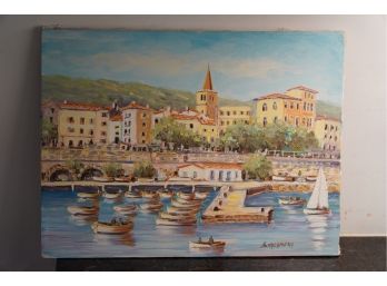 RARE: OIL ON CANVAS PAINTING OF AN ISRIAN SEASIDE VILLAGE SIGNED BY S KALYMERA