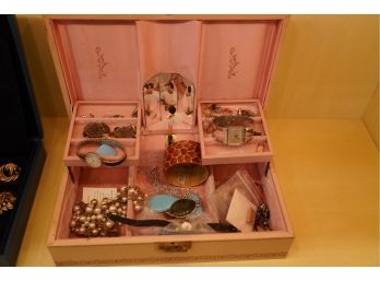GREAT DEAL! WOOD JEWELRY BOX FILLED WITH ASSORTED JEWELRY