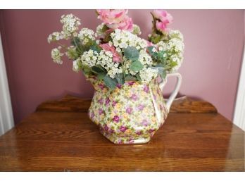 BEAUTIFUL PORCELAIN PITCHER STYLE VASE WITH FAKE FLOWERS