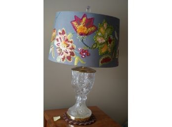 BEAUTIFUL GLASS LAMP WITH NEEDLEPOINT SHADE DESIGN 27IN HIGH