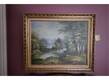 FRAMED OIL PAINTING OF A LAKE VIEW WITH A GILDED STYLE FRAME SIGNED BY ANTHONY