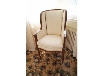 ANTIQUE HAND CARVED WOOD CLUB CHAIR WITH WHITE CUSHION