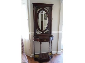 ANTIQUE STYLE HALLWAY TREE ENTRANCE WOOD COAT HANG CABINET WITH MIRROR AND TABLE