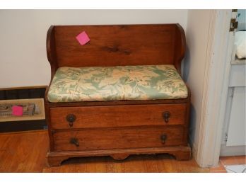 GORGEOUS WOOD  BENCH WITH 2 DRAWERS AND FLOWER PATTERN CUSHION