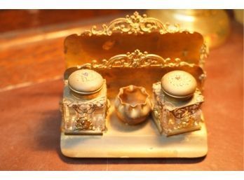 GORGEOUS ANTIQUE BRASS METAL INKWELL  SET