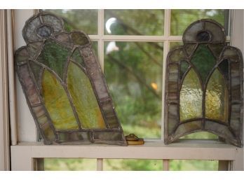 LOT OF 2 ANTIQUE STAINED GLASS WINDOW DECORATIONS 12IN HIGH