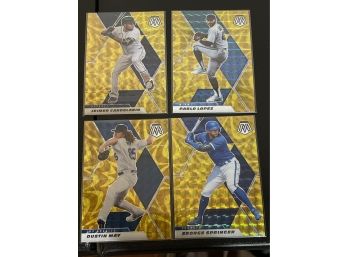 2021 Panini Mosaic Baseball - 4 Gold Parallel Card Lot - Dustin May, George Springer, Pablo Lopez, Candelario