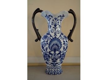 BOMBAY MADE IN CHINA BLUE AND WHITE PORCELAIN VASE WITH HANDLES 18IN HIGH