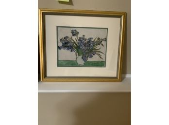 PRINT OF BLUE COLOR FLOWERS ON A GOLD FRAME 19X16.5 INCHES