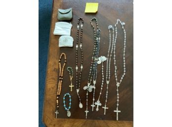 LOT OF ROSARY BEADS AND 2 STERLING SILVER CROSSES
