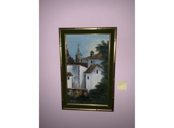 OIL PAINTING OF A VILLAGE IN A GOLD FRAME, 12.5X19.5 INCHES