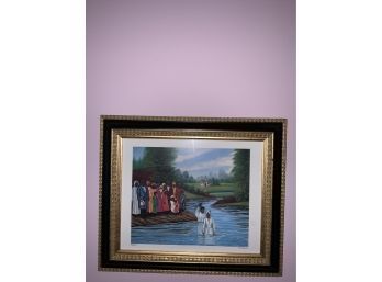 PRINT OF A RELIGIOUS BAPTISM IN A GOLD AND BLACK FRAME,  12.5X11 INCHES