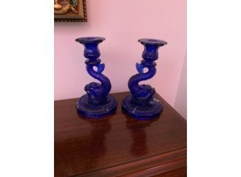 LOT OF 2 ASIAN STYLE BLUE GLASS CANDLE HOLDERS, 8IN HIGH
