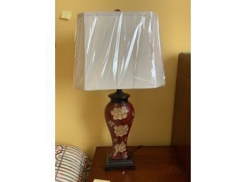 BEAUTIFUL WOOD RED LAMP WITH FLOWER ENGRAVINGS,  29IN HIGH