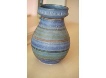 SMALL BLUE AND GREEN STRIPES COLOR VASE MADE IN ITALY, 9IN HIGH