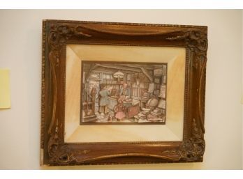 GORGEOUS 3D ART OF A LIBRARY IN A GILDED STYLE FRAME (DAMAGE) 13X11 INCHES
