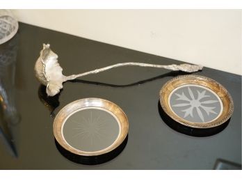 STERLING SILVER RIM COASTERS AND 1 STERLING SILVER SPOON
