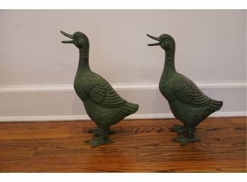 MATCHING PAIR OF 2 GREEN COLOR PAINTED DUCK STATUES  CEMENT