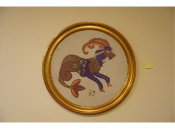 BEAUTIFUL NEEDLEPOINT OF AN ANIMAL IN A ROUND GOLD FRAME