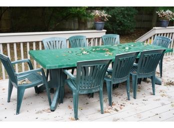 OUTDOOR GREEN COLOR PLASTIC TABLE WITH 8 CHAIRS