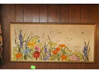VINTAGE NEEDLEPOINT OF FLOWERS IN A WOOD FRAME