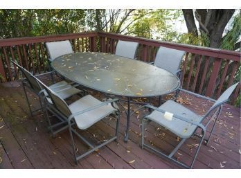 BROWN JORDAN GLASS TOP ALUMINUM  OUTDOOR TABLE WITH 6 CHAIRS