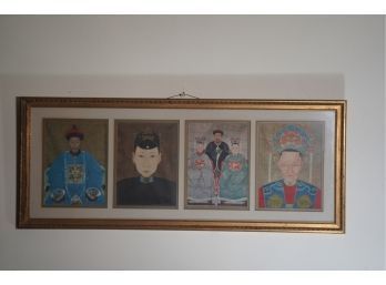 FRAMED ASIAN ART ON SILK OF DIFFERENT RULERS IN A GOLD FRAME