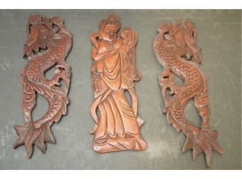 LOT OF 2 HAND CARVED WOOD ASIAN STYLE DECORATIONS