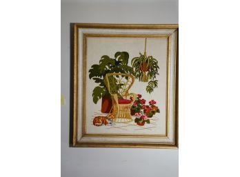 BEAUTIFUL VINTAGE NEEDLEPOINT OF A WICKER CHAIR IN A GOLD WOOD FRAME