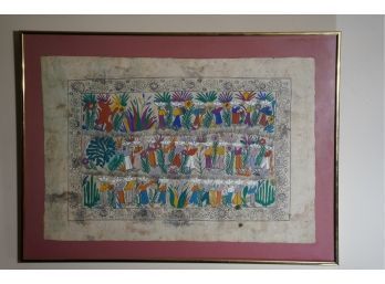 GOLD FRAMED COLORFUL PRINT OF WORKERS ON RICE PAPER SIGNED BY MODESTA RAMIREZ