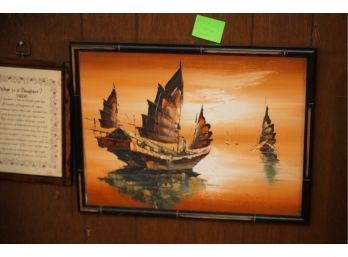 VINTAGE SIGNED  ACRYLIC ON CANVAS OF SAILING BOATS IN BAMBOO FRAME