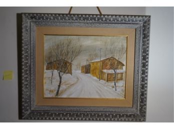 WINTER SCENE FRAMED SIGNED PRINT OF WINTER TOWN SCENERY IN A HEAVY WOOD FRAME