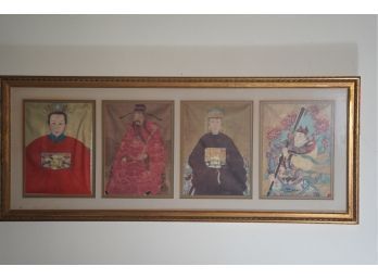 FRAMED ASIAN ART ON SILK OF DIFFERENT RULERS IN A GOLD FRAME