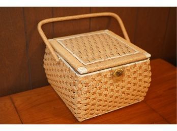 VINTAGE WICKER STYLE SEWING MATERIALS BASKET