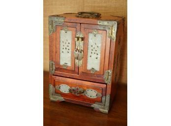 BEAUTIFUL ASIAN STYLE SMALL JEWELRY CABINET WITH JADE AND BRASS METAL ENGRAVING