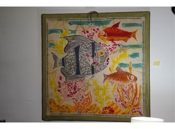 ART ON CLOTH OF COLORFUL FISHES WITH NO FRAME, 34.5X34.5 INCHES
