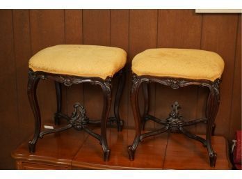 ANTIQUE MATCHING PAIR OF WOOD OTTOMANS WITH YELLOW CUSHIONS