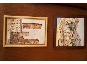 LOT OF 2 SMALL PRINTS ON TILES OF FOREIGN CITIES