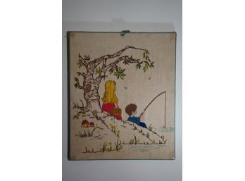 VINTAGE NEEDLEPOINT OF A BOY FISHING WITH A GIRL WITH NO FRAME