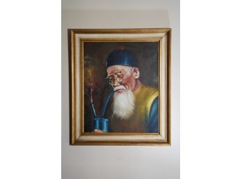 FRAMED GORGEOUS OIL ON CANVAS OF A MAN SMOKING IN A GOLD WOOD FRAME