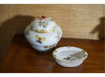 RARE: LOT OF 2 HEREND HUNGARY SMALL PORCELAIN BOWL AND JAR WITH LID