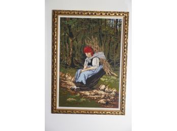 ANTIQUE HANDMADE NEEDLEPOINT OF A WOMEN WITH WOOD STICKS ON HER BACK