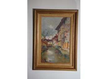 OIL ON BOARD PAINTING OF A TOWM SIGNED AND DATED IN A ELEGANT WOOD FRAME