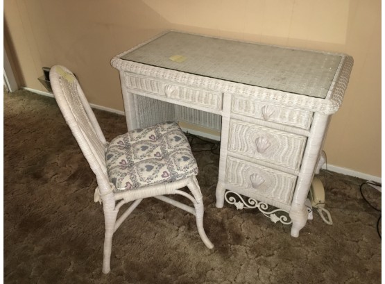 White Wicker Desk With Glass Top And Chair