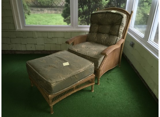 Natural Wicker Club Chair With Ottoman And Cushions